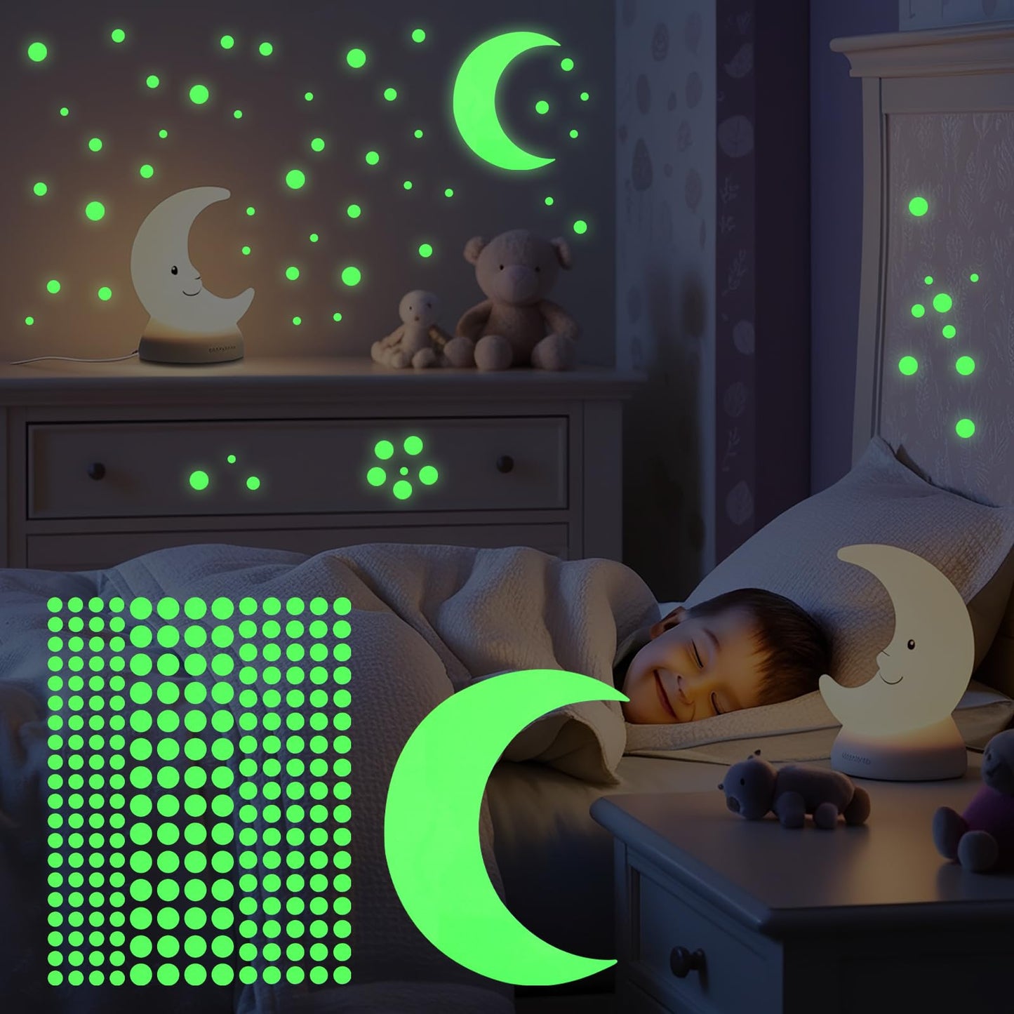 222Pcs Glow in The Dark Ceiling Stickers Glow Dots Star and Moon Glow in The Dark Stars Wall Stickers Starry Sky Shining Decoration for Kids Bedroom Halloween Home Decoration Party Birthday Gift