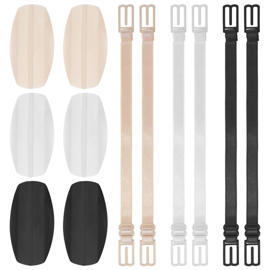 12 PCS Bra Strap Cushion, Gel Pads Anti-Slip Bra Accessories, Silicone Discomfort Slip Shoulder Protectors Pads Strap Holders Non Slip for Bra Straps Women (Black, Skin Color, White)