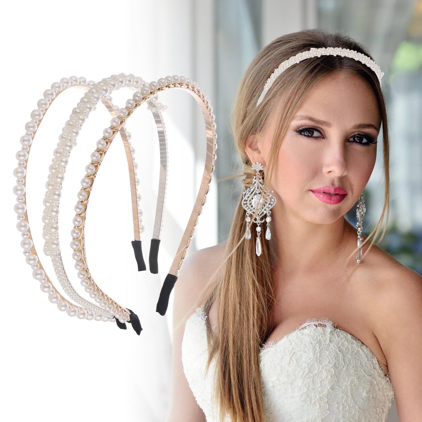 Mabor 3pcs Pearl Headbands for Women Girls, Faux Pearls Gold Hairbands (Pearl, 15x13x0.6cm)
