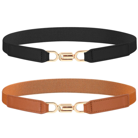 2 Pack Ladies Elasticated Belt for Women, Stretchy Skinny Waist Belt with Gold Buckle, Thin Retro Elastic Waist Belts for Ladies Plus Size, Adjustable PU Leather Belts for Dresses and Jeans