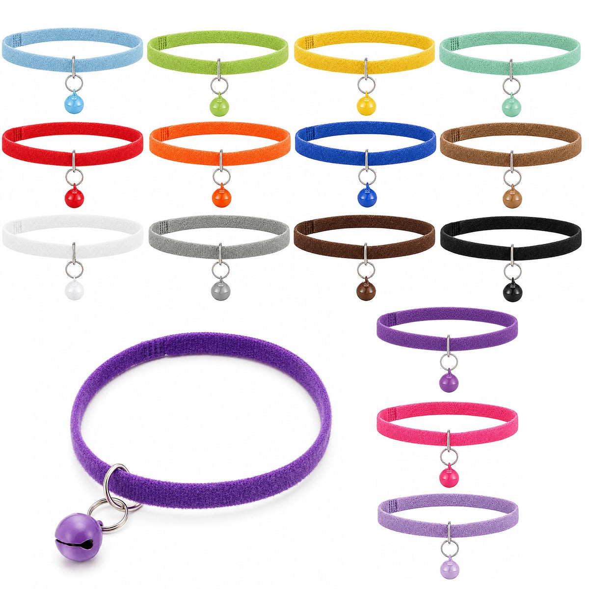 Chsoejuf 15PCS Small Adjustable Hook and Loop Kitten Collar with Bell