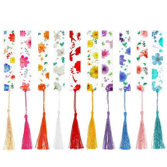 10Pcs Transparent Acrylic Bookmark, Mabor Cute Girls Bookmarks with Colorful Tassels Pressed Flower Bookmarks for Book Lovers Resin Bookmarks for Girls Women Reading Gifts