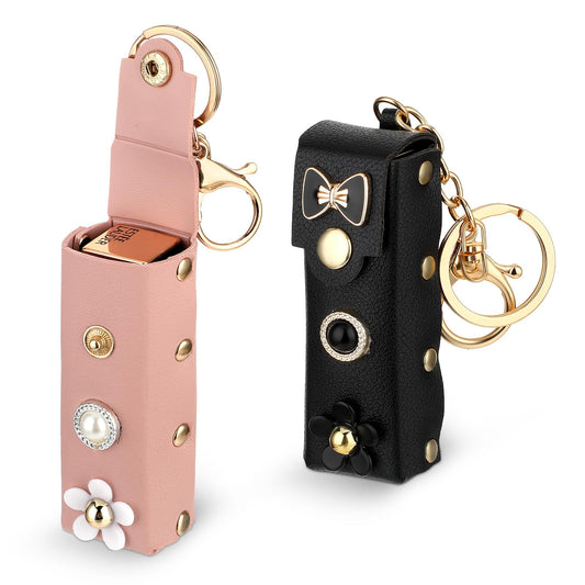 Tyqour 2 Pack Keychain Chapstick Holder, Pu Leather Chapstick Holder Keychain, Lip Balm Holder Keychain, Lipstick Holder Keychain with Metal Key Ring for Travel Carry Lipstick(Pink, Black)
