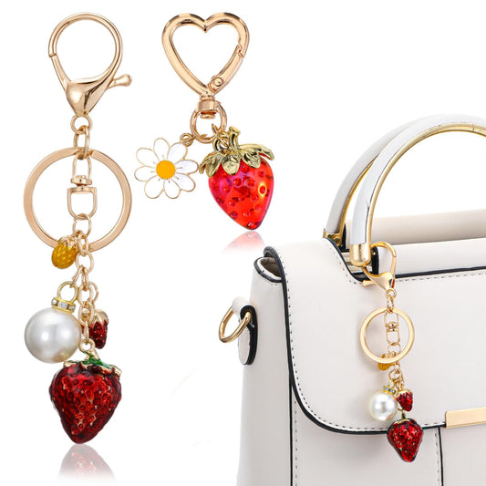 2 PCS Strawberry Keychain, Cute Kawaii Heart Flower Daisy Bag Charms, Red Transparent Strawberry Love Clasp for Women Girls Purse Accessories
