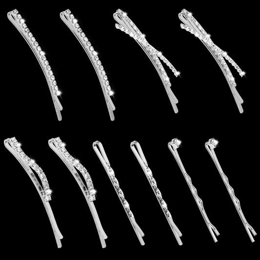 10PCS Rhinestone Bobby Pins Decorative Crystal Bobby Pins Diamond Bobby Pins Bling Hair Pins Fancy Metal Hair Clips I S X Shaped Diamond Hair Barrettes For Women Girls Party Wedding Daily(Silver)