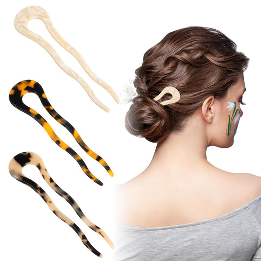 Ymapinc 3 PCS French Twist Hair Pin,Acetate U-Shaped Wave Hairpin, Tortoise Shell 2-Pronged Bun Hairpin,4.57inch,Hair Pins for Thick Long Hair,White, Leopard, Tortoiseshell