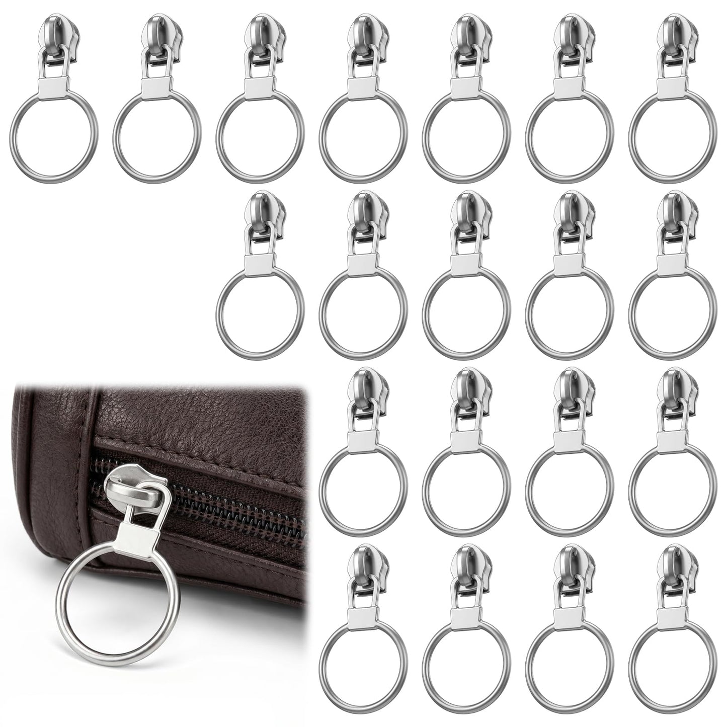 RAHHLIZS 20PCS #5 Zipper Pull Replacement, Universal Zipper Slider Repair Kit Metal Top Stop Sliders Bottom for Repairing Coats, Jackets, Jeans, Pants Lockable Sliders (Silver)