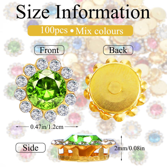 100PCS 12mm Sew on Rhinestones for Clothes, Wedding Sequins Glass Metal Base, Flower Claw Gems Embellishments Jewels for Crafts DIY Clothes Shoes Earring Belt Crafts Sewing Accessories (Red)