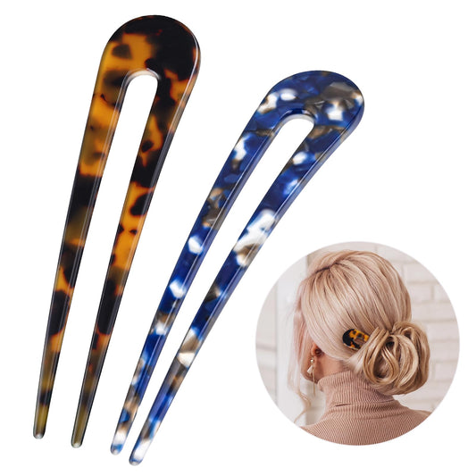 2 Pcs U Shape Hair Pins 2 Colors 2 Prong Bun Twist Chignon Stick Clips French Pins Hair Hair Stick French Pin Hair Fork Sticks For Long Hair Classic Cellulose Acetate For Women Hair Accessories