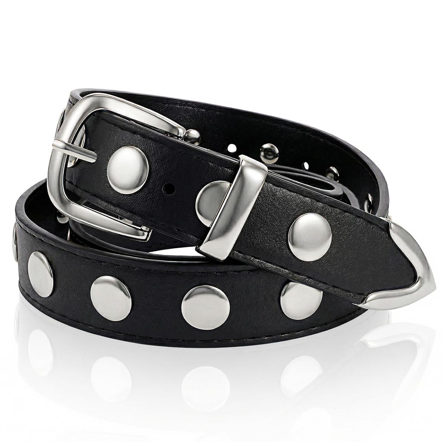 Chsoejuf Black Leather Belt Punk Studded Belt for Jeans Dresses(Silver)
