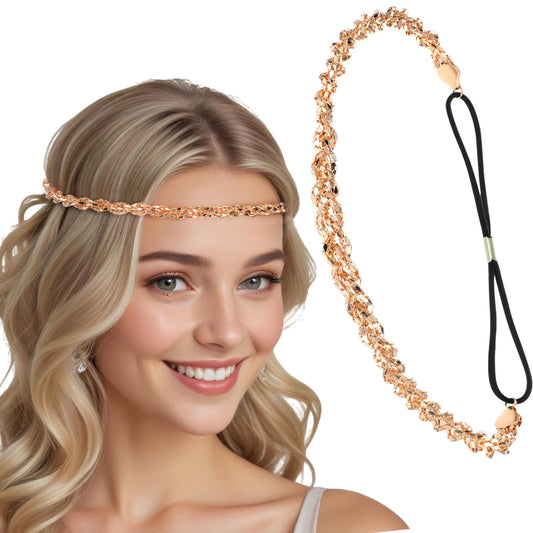Ymapinc Gold Headpiece for Women - Gold Crystal Headband with 70s Vibe, Sparkly Gold Rhinestone Headband Elegant Head Chain for Bride and Bridesmaids Weddings Party