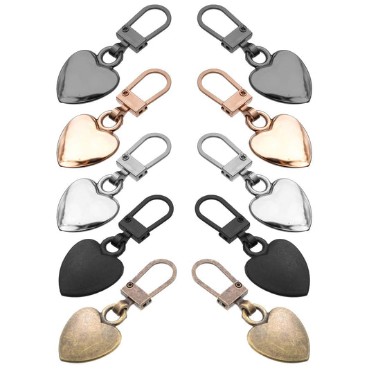 10 Pcs Multicolor Heart Shaped Zipper Pull Replacement Detachable Zipper Pull Charms Heart Durable Metal Tabs Backpack Zippers Mend Fixer Repair for Jackets Purses Luggage (5 Color)