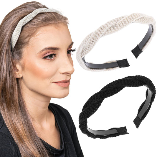Teaaha Headband, 2Pcs White & Black, Non Slip Braided Knitted Hairband, Fashion Wide Hairbands for Women
