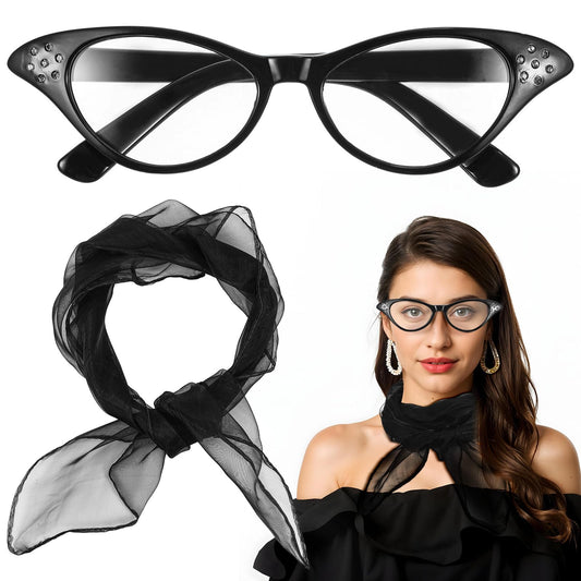 1950s Accessories for Women 50s Outfit Vintage Chiffon Neck Scarf Rhinestone Cat Eye Glasses for Outfit for Cosplay Party, Hippie Accessories, Halloween Costumes(Black)