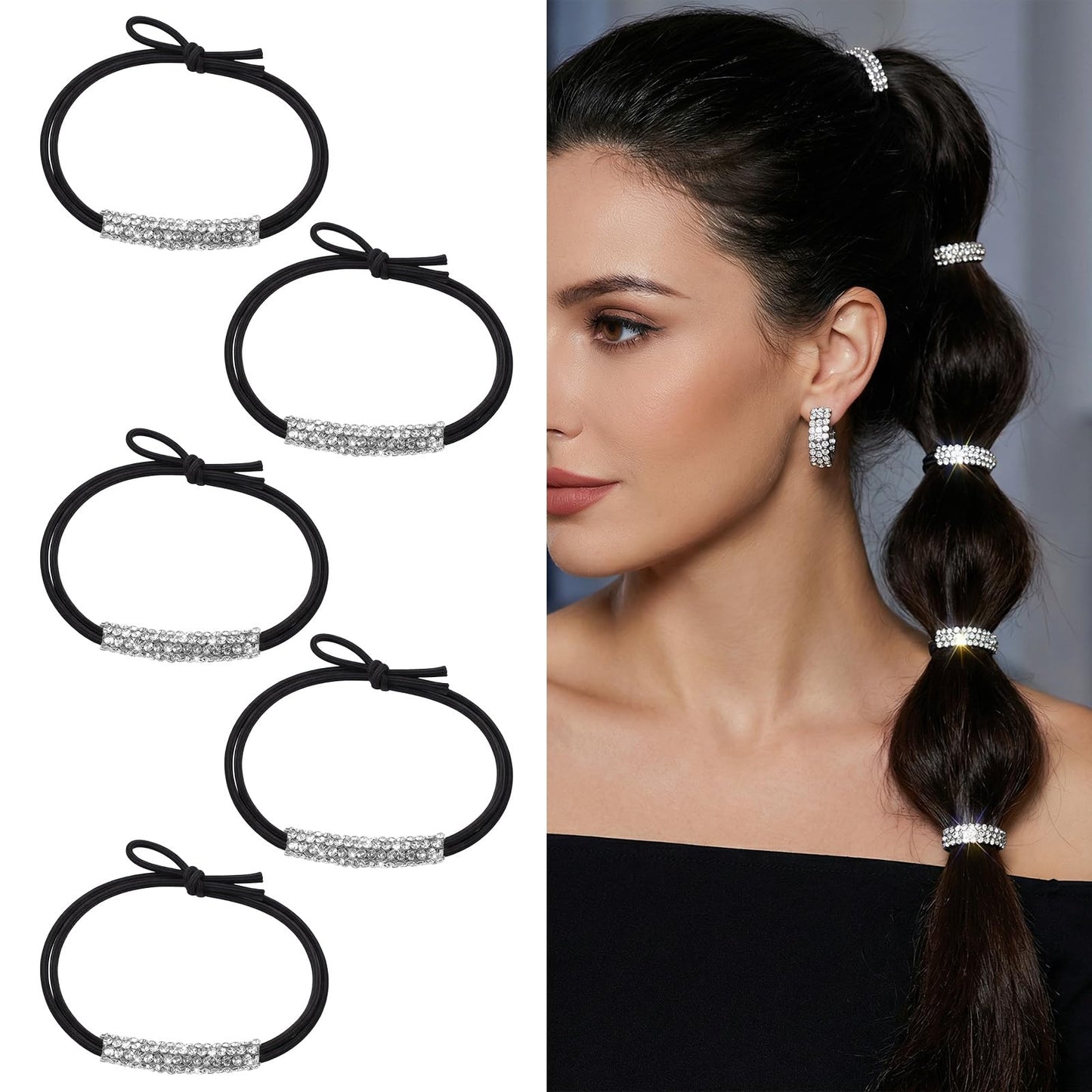 Mabor 5 Pcs Rhinestone Hair Ties, Silver Sparkly Ponytail Holder for Women, Crystal Bling Elastic Accessories for Thick or Thin Hair