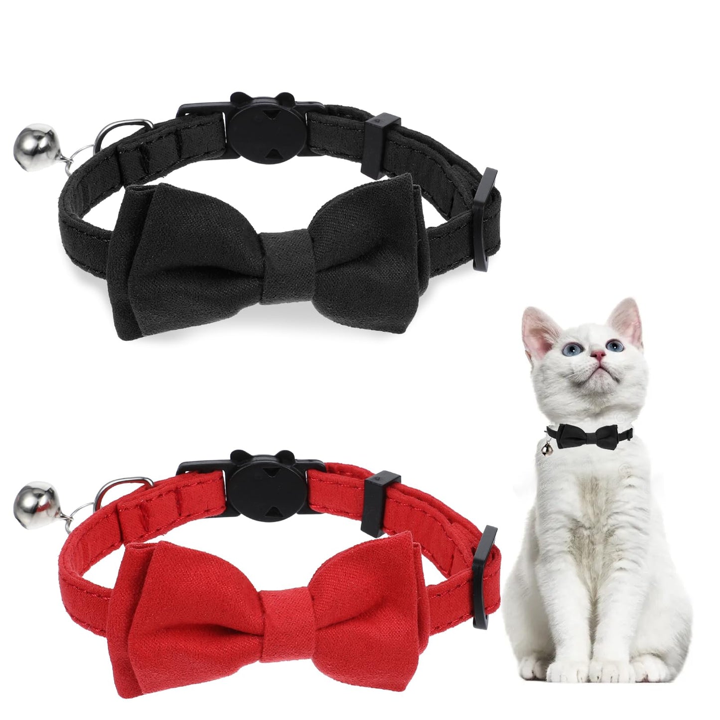 2 PCS Cat Bow Tie Collar Cat Collar Breakaway Bowtie Kitten Collar with Bow Adjustable Velvet Kitten Collars Cat Collar Breakaway with Bell and Removable Bow Tie for Wedding Birthday Party(Red Black)