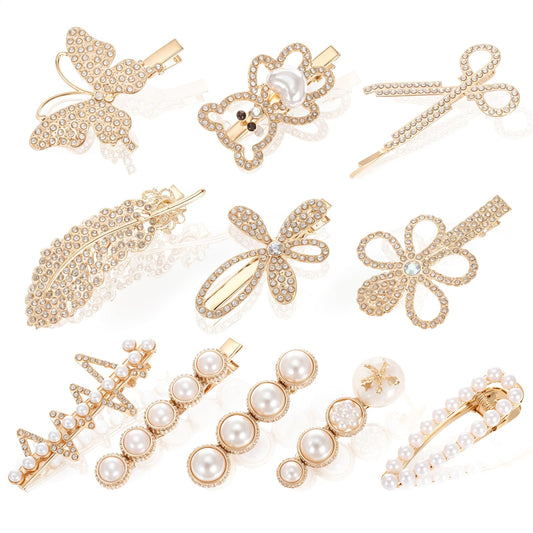 11PCS Rhinestone Hair Clips for Women, 2.3" Small Crystal Butterfly Flower Fancy Hair Clips Metal Alloy Duckbill Hairpins Sparkly Hair Barrettes Accessories for Women Girls Wedding Party (White, Gold)