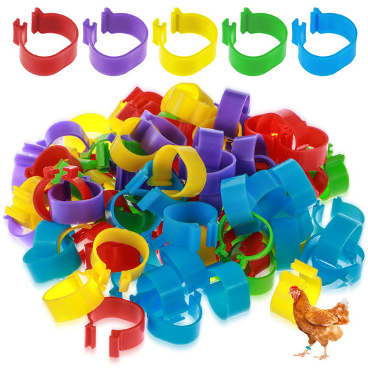 100 PCS Chicken Identification Bands, 16mm Poultry Leg Rings for Easy Chicken Identification, Clip-On Rings for Poultry Identification （Yellow, Purple, Blue,Red, Green）