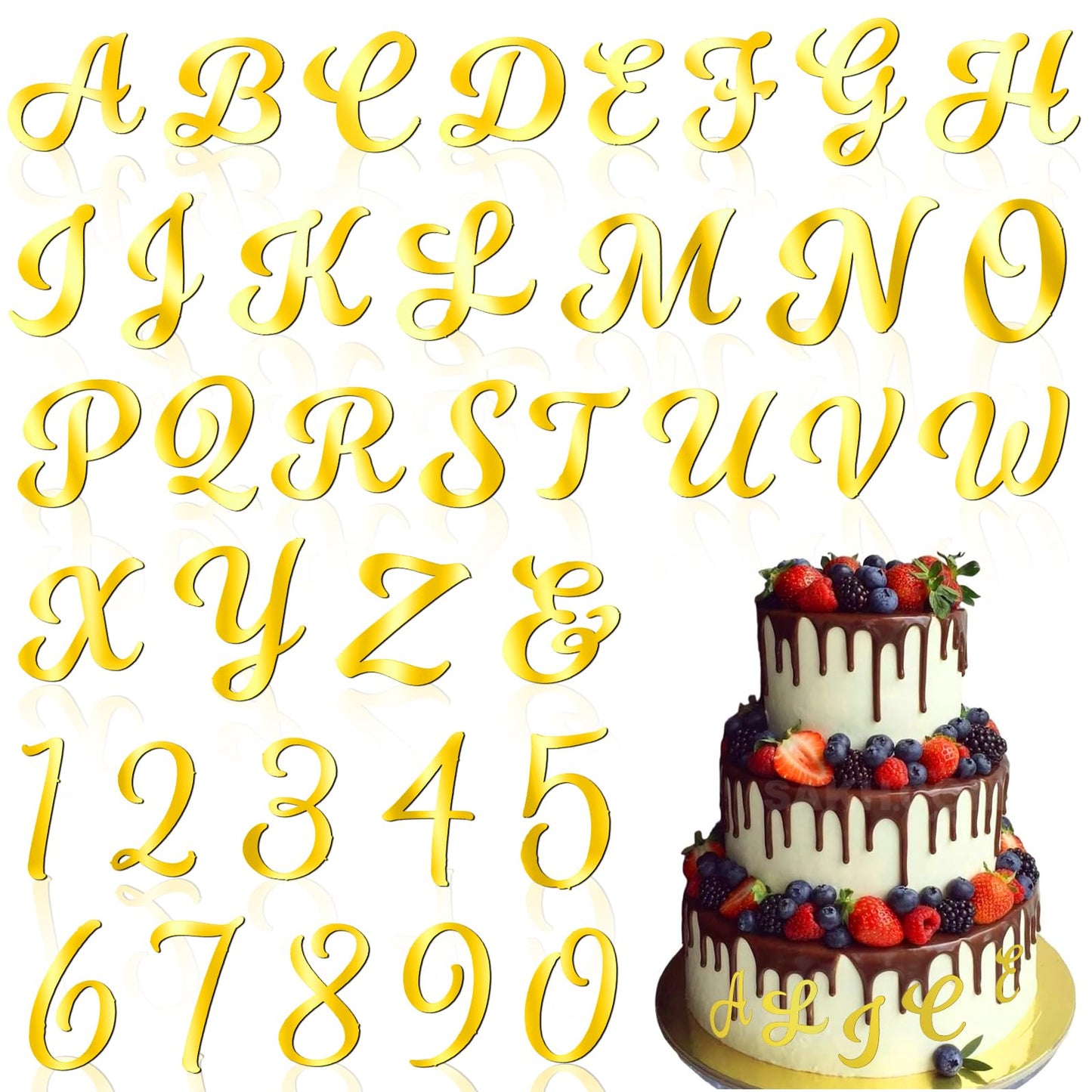 Ouligay 37pcs Acrylic Alphabet Cake Topper, Mirrored Gold Number 0-9 And Alphabet A-Z, Diy Personalized Name Cupcake Toppers For Custom Wedding Cake Decorations Baby Shower Party Supplies