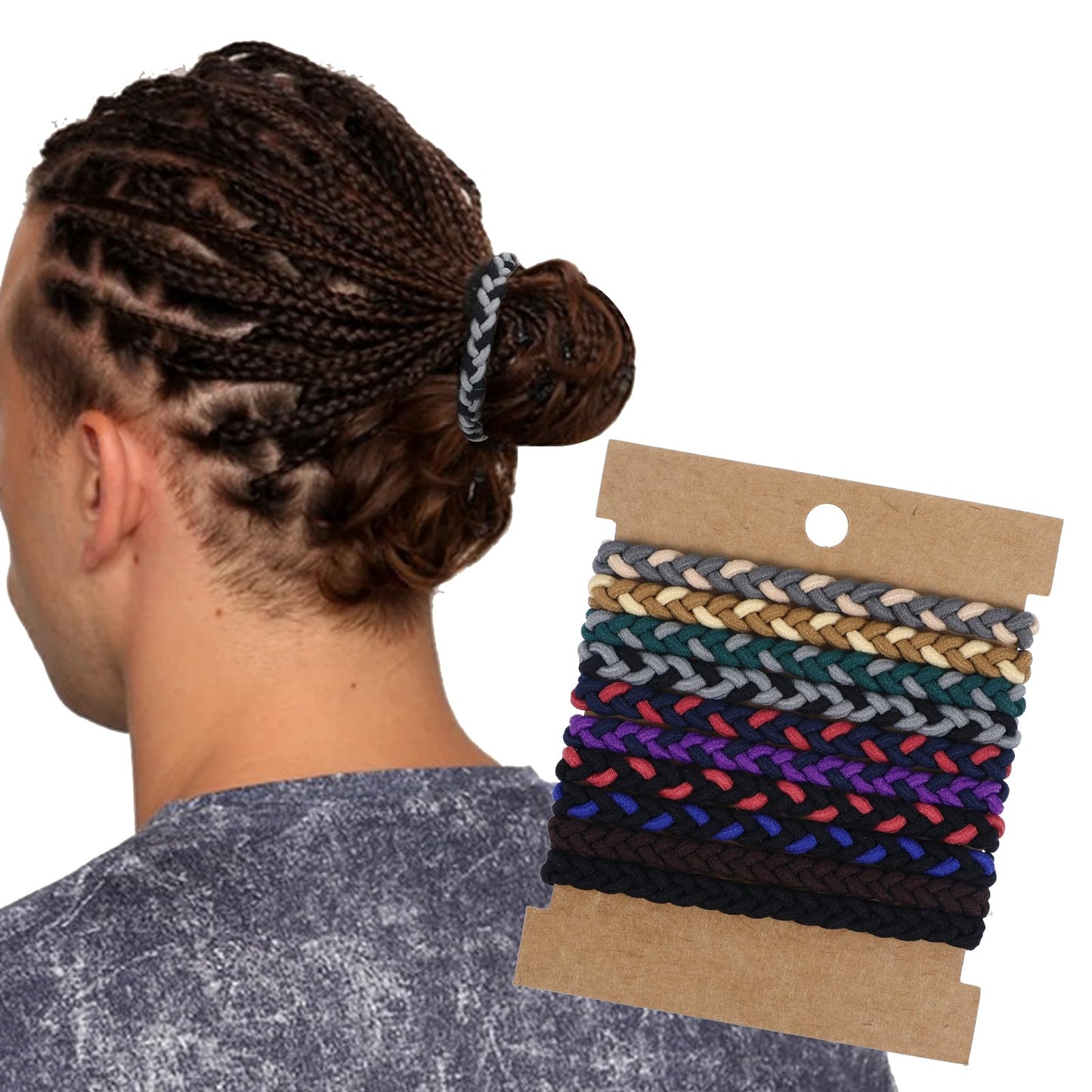 Nogeqi 10 Pcs Braided Hair Ties for Men No Damage,Elastic Bracelet Hair Ties Rip No Slip for Guys,Men Hairties for Buns Curly Thick Long Hair