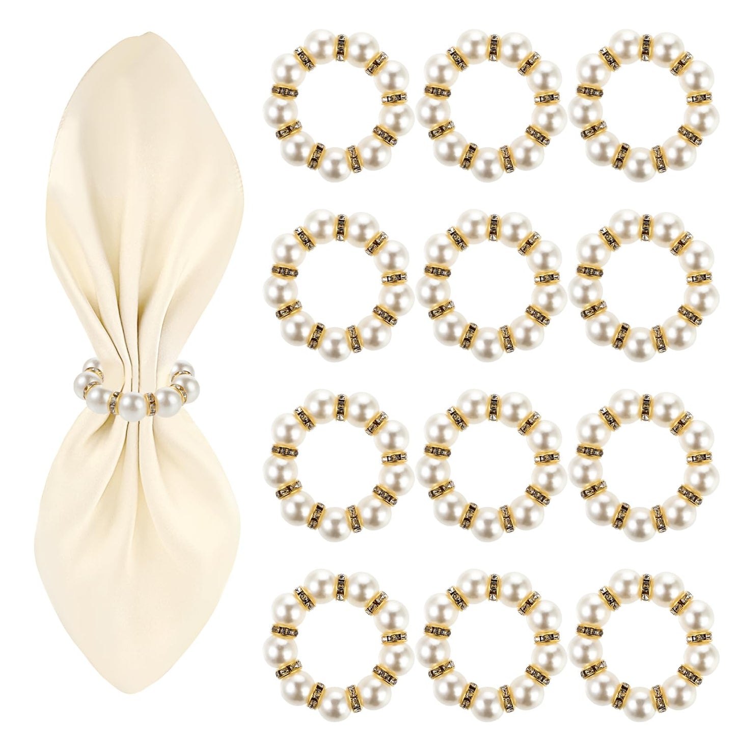 Nogeqi Pearl Napkin Rings Set of 12, Gold Napkin Ring, Elegant Imitation Rhinestone Pearl Beaded Napkin Rings for Wedding Christmas Easter Party Dinner Table