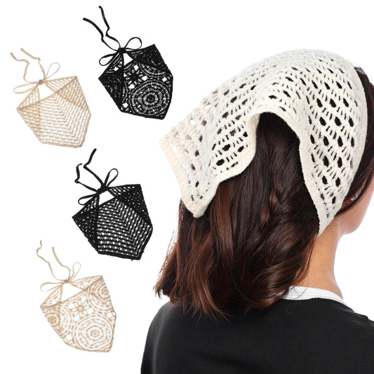 Tyqour 4 Pcs Crochet Bandanas Headscarf Hollow Crochet Headband Knitted Bandana Headband Women Hair Scarf Vintage Hair Bandanas for Women Girls Head Kerchief Styling Decor Black White