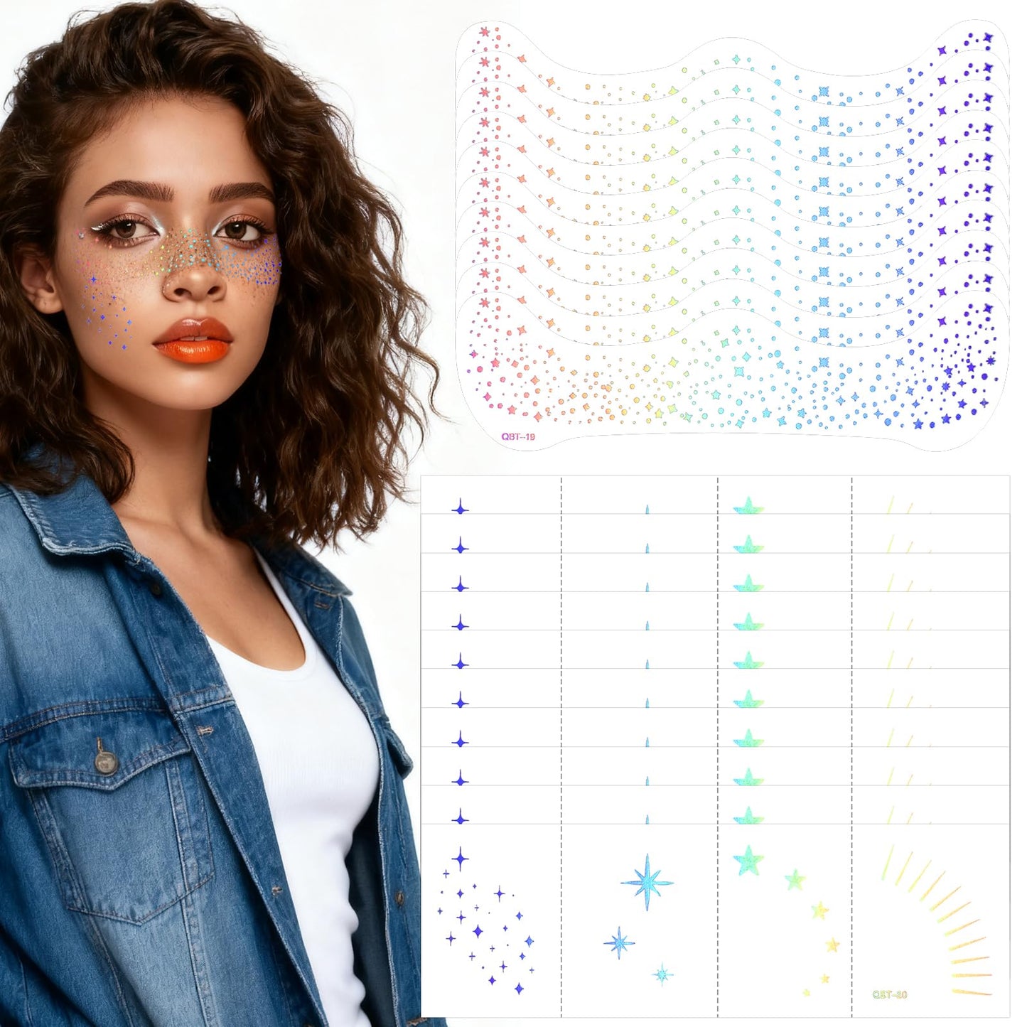 Nogeqi 20 Pcs Glitter Freckles Face Tattoo, Sparkles Freckles For Women, Waterproof Silver Face Glitter Glow Up Star Stickers For Halloween Christmas (Silver)