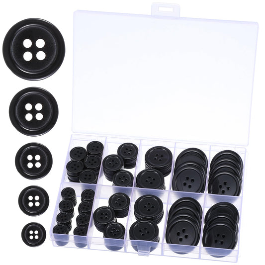 100 Pcs Black Sewing Buttons 5 Sizes Small Black Buttons for Crafts 4-Hole Black Round Mixed Buttons with Compartment Storage Box Black Buttons for Pants Sewing Coats Shirts DIY Decoration(Black)