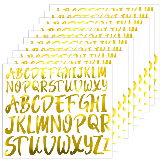 10 Sheets Gold Letter Stickers, Glitter Waterproof Decals, Self Adhesive Vinyl Alphabet Stickers for DIY Crafts, Classroom Decor, Mailbox, Party Supplies (Gold, 1'' and 2'')