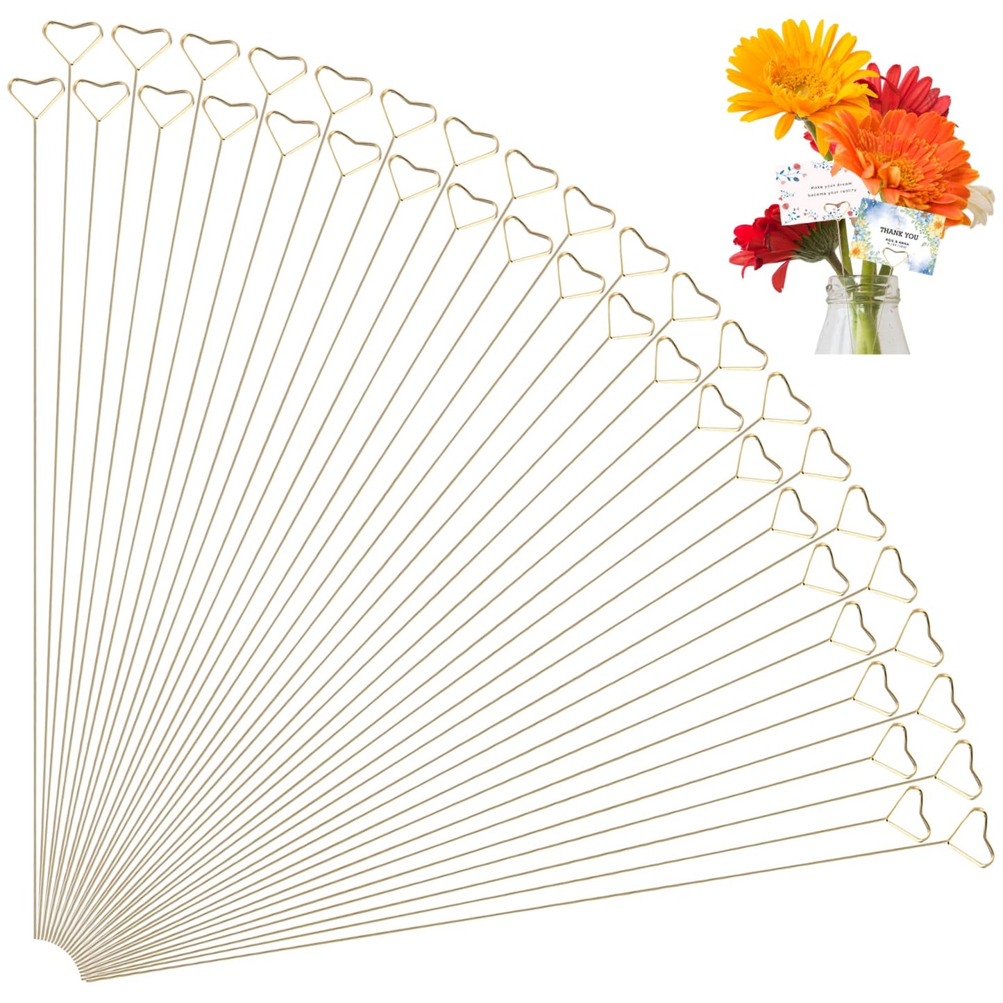 Teaaha 40PCS Flower Place Card Holders - Metal Wire Heart Loop Photo Holders, Gold Heart Table Name Number Holders for Weddings, Baby Showers, Parties, and Decorations