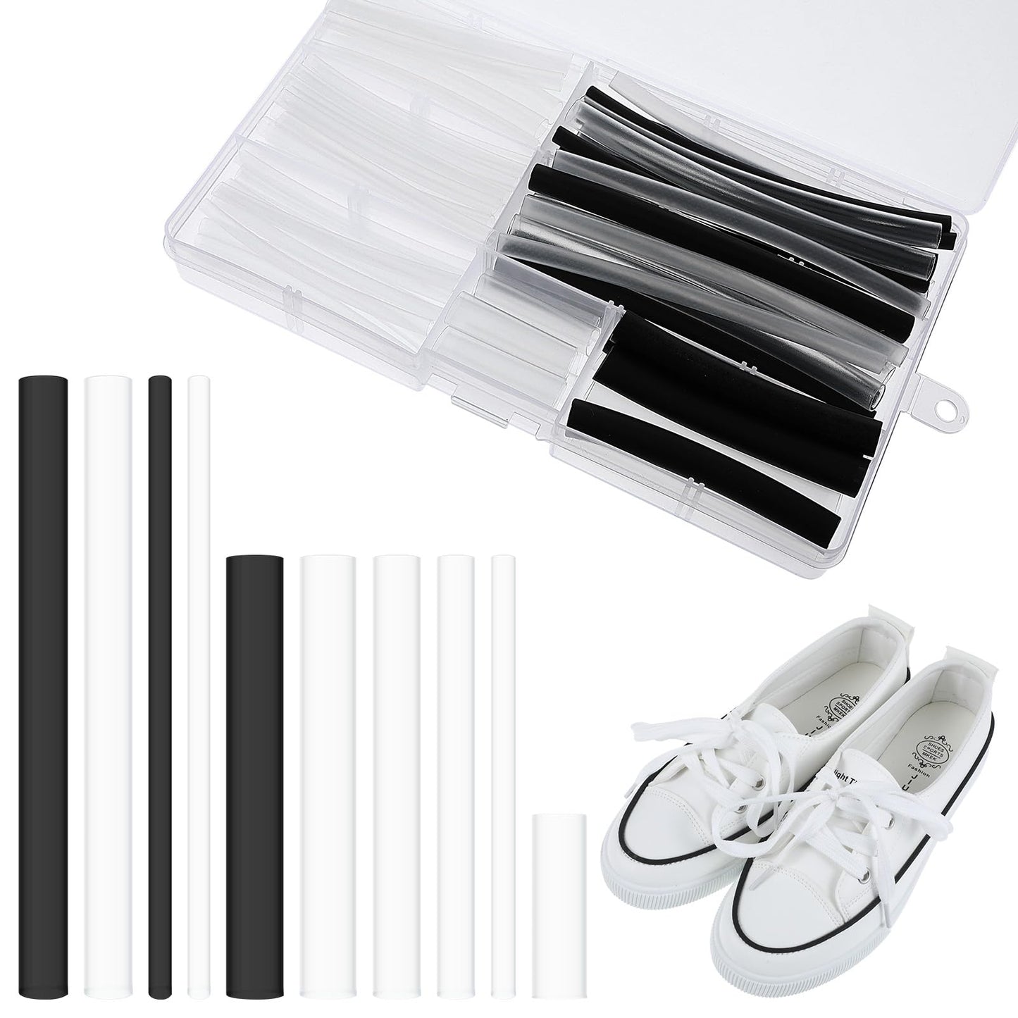 78PCS Shoelace Tips Repair Tool Set, Heat Shrink Shoelace Aglets, Universal Plastic Shoe Lace Ends Tips for Repairing and Shortening Shoelaces, Durable Plastic Aglet Replacement Kit