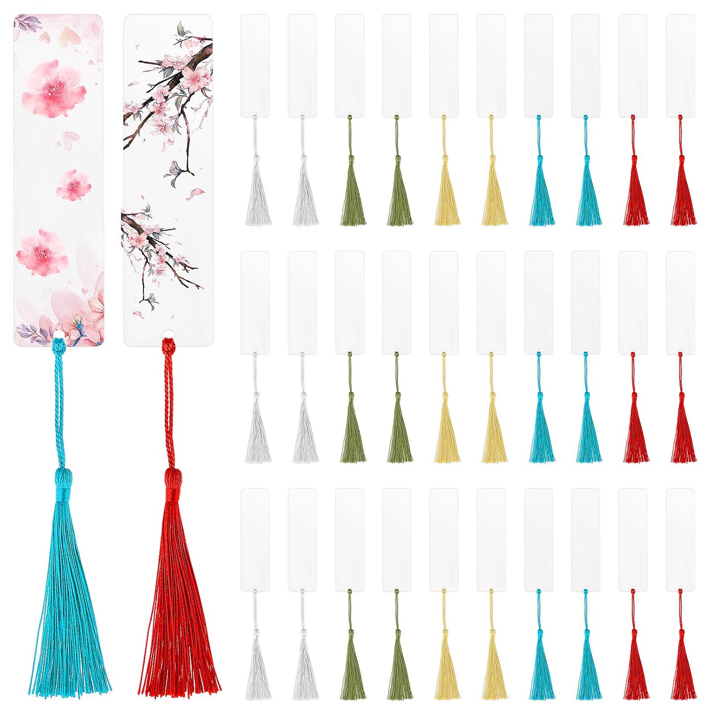 Mabor 30Pcs Blank Acrylic Bookmark 30 PCS Clear Acrylic Craft Bookmark Strips with 30 Pcs Colorful Tassels,Double Sided Bookmarks for Student Kids Teens DIY Craft Making