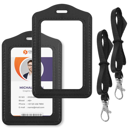 2 Sets Leather ID Badge Holder, Badge Holder with Lanyard Leather ID Holder, Badge Card Holder Leather Black Badge Holder Vertical Double Side Waterproof Name Badge Holder for Office Staff Students