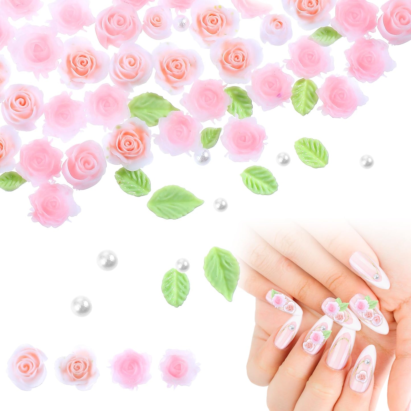 30Pcs 3D Flower Nail Charms Nail Flower Charms Pink Flower Nail Charms Rose Nail Charms Resin Nail Flowers Pink Rose Acrylic Charms Green Leaf Nail Art Stud Flatback White Pearl Beads for Nails DIY