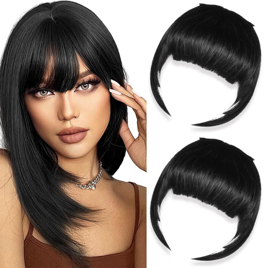 Tyqour 2pcs Bangs Hair Clip In Bangs Real Human Hair, Wispy Curtain Bangs Hair Clip, Bangs Clip, Black Hair Extensions Clip In, Clip On Bangs for Women Daily Wear(Black)