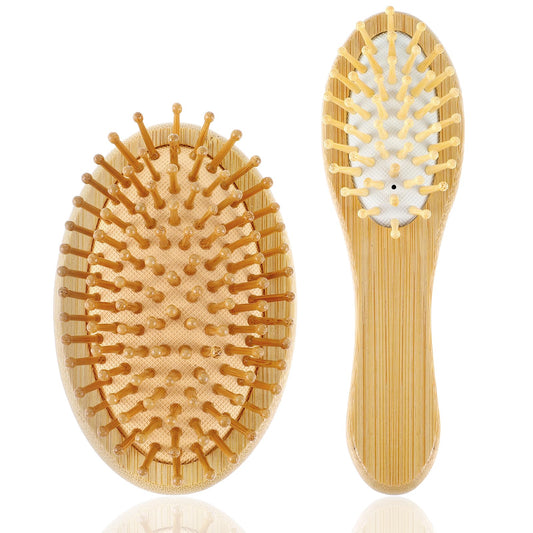 Tyqour 2Pcs Wooden Hair Brush Bamboo Brush Small Air Cushion Comb for Massaging Scalp Small Oval Hairbrushes for Women Straight Curly Wavy Dry Wet Thick Fine Hair