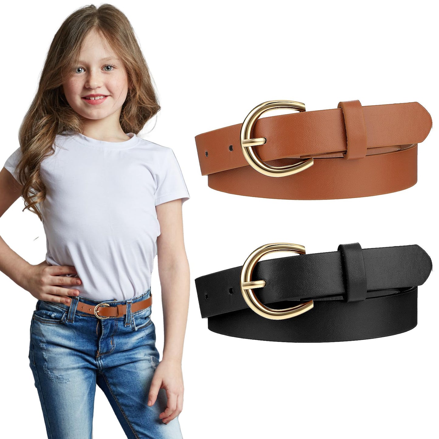 2 Pack Kids Belt Girls' Elastic Leather Belt - Comfortable Skinny Waist Belt with Double O-Ring Buckle, Exquisite Strappy Design (2 Colors, 32.3in)