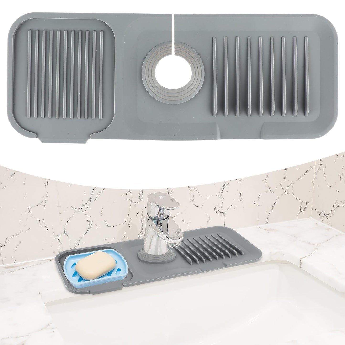 37 * 14Cm Faucet Sink Protectors Mat, Mabor Cuttable Silicone Faucet Handle Drip Tray Kitchen Sink Splash Guard for Kitchen Bathroom(Dark Gray)