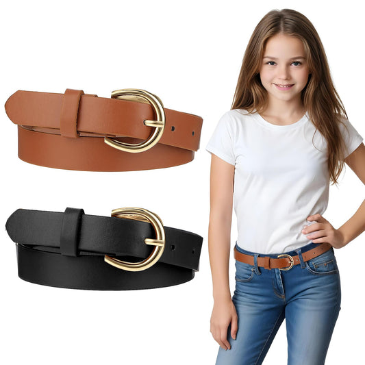 Xinjoduz 2 Pack Girls Belt, Leather Material Kids Belts with Double O-Ring Buckle Skinny Adjustable Toddler Belt for Jeans Dress School Uniforms(Black & Brown)