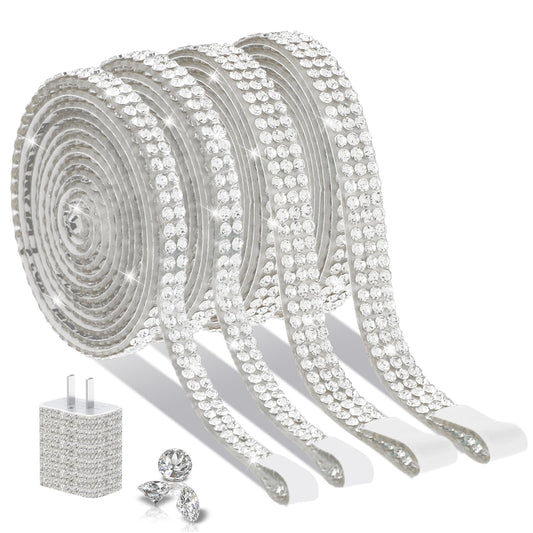 Teaaha 4 Rolls Rhinestone Ribbon Self Adhesive Crystal Rhinestone Tape Glitter Tape with 2 Mm Rhinestones Strips for Wedding Birthday Party Arts Crafts DIY Car Phone Decoration (Silver, 2 Type)