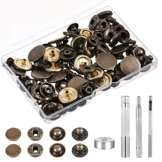 24 Sets Press Studs Snap Fasteners, 15mm Metal Snap Button Kit with 4pcs Installation Tools Brass Rivets Replacement Leather Jacket Snaps for Clothing Hats Jackets Jeans Canvas and More (Bronze)