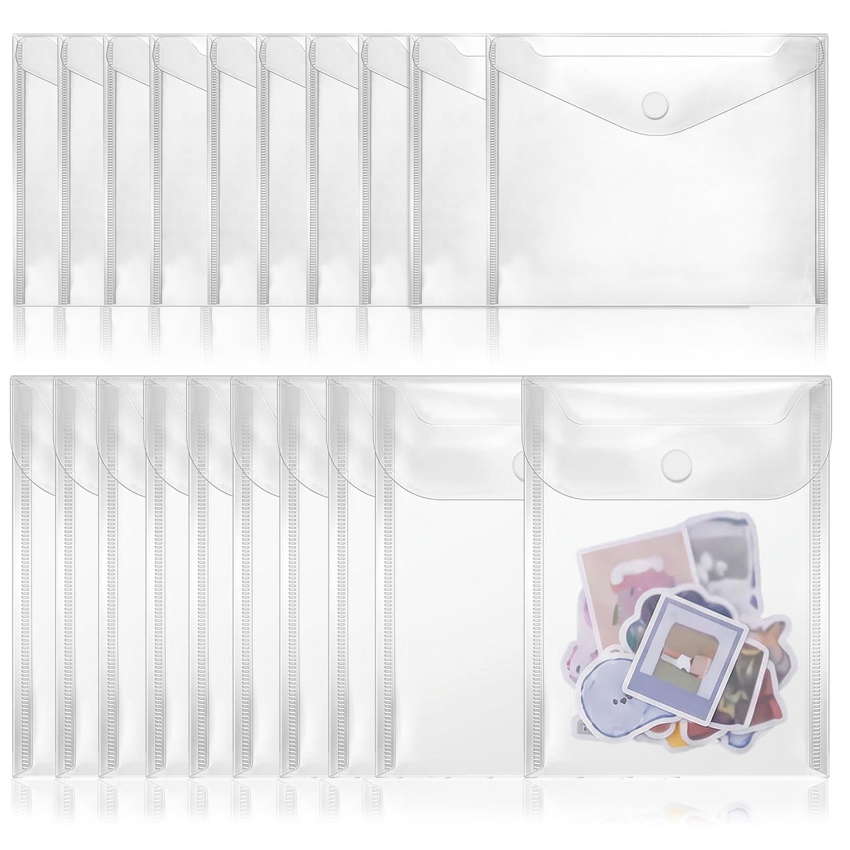 Matwsec 20 PCS Sticker Storage Clear Plastic Envelopes with Snap Closure