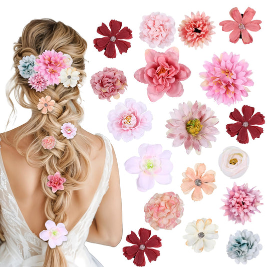 Tyqour 18 Pcs Silk Flower Hair Clips for Women Roses Flower Headdress Clips Aesthetic Boho, Pink Floral Bride Barre Hair Barrettes Wedding Accessories (Pink and Purple)