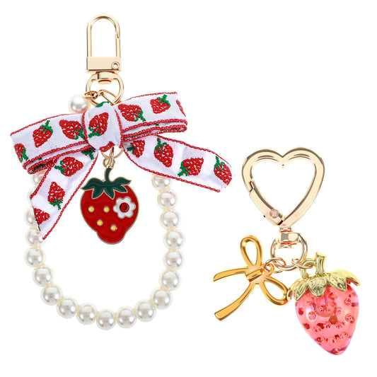 2PCS Bag Accessories Cute Strawberry Keychain Vintage Flower Daisy Pearl Bow Keychain Charms Keychains Accessories for Women Girls Handbags Purse Backpack Car Decorations