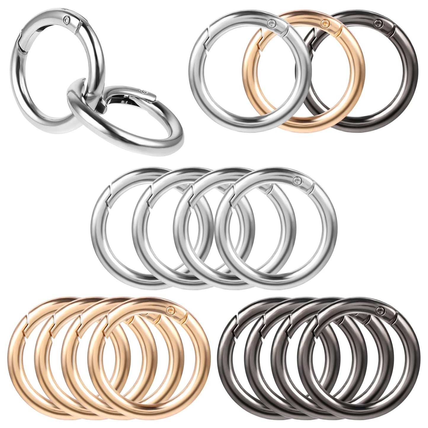 Teaaha 12PCS Trigger Metal Spring O Rings, 3 Colors Keychain Rings for Crafts Round Carabiner Clip Snap for Keyrings Buckle Bags Purses DIY Accessories 1.3 × 1.3 in(Gold, Silver, Metal)