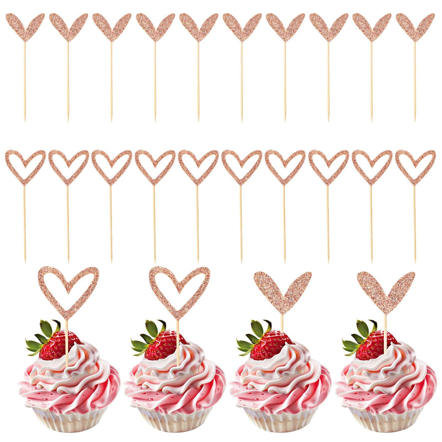 Xinjoduz 24 PCS Wedding Cupcake Toppers, Glitter Sweet Love Theme Heart Cupcake Topper Sticks for Wedding Engagement Bridal Shower Happy Birthday Cupcake Toppers(Rose Gold, 2 Style)