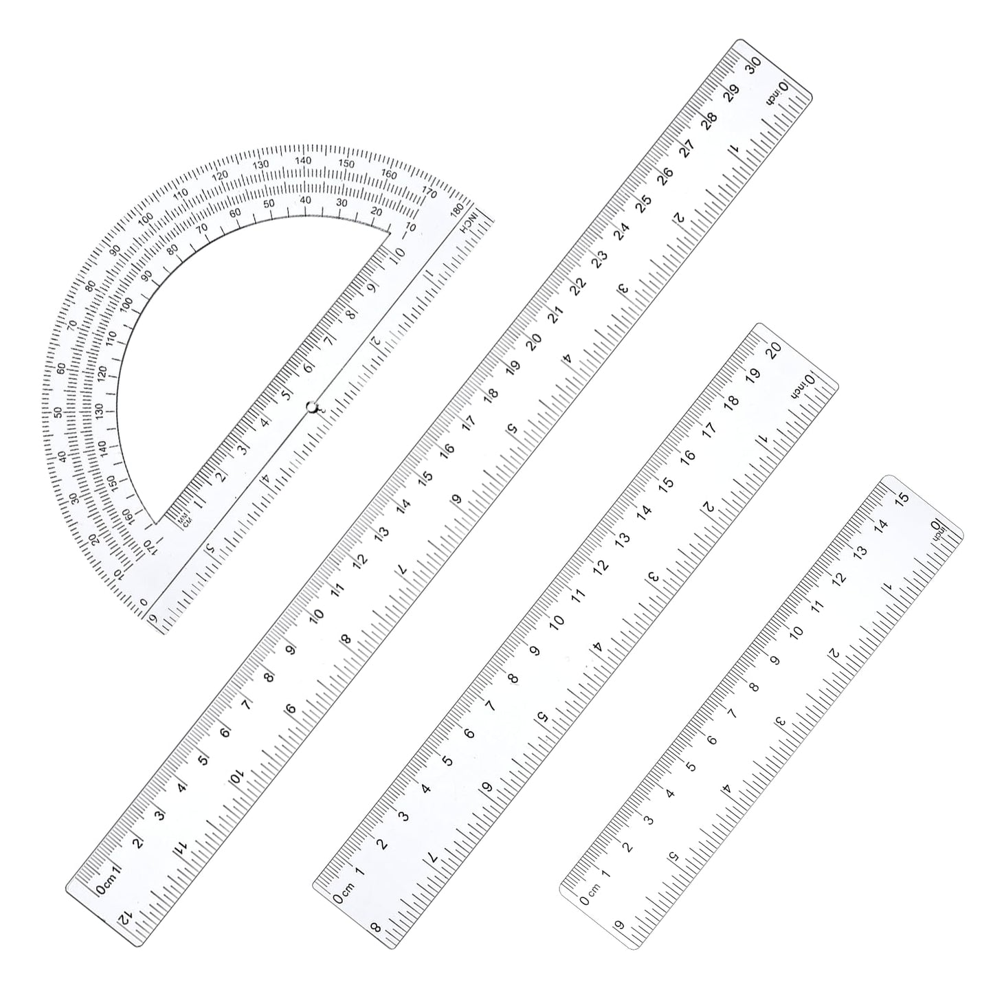 4PCS Protractor Set 6'' Plastic Protractor and 3 Straight Rulers 6" | 8" |12" Long Clear Math Geometry Set Drafting Ruler Geometry Ruler Measuring Tool for School Classroom Home Office Drawing