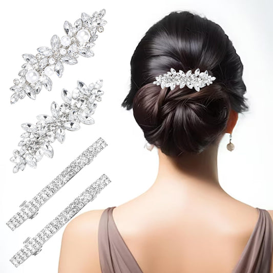 Tyqour 4Pcs Rhinestone Hair Clips for Women Flower Hair Barrettes Elegant Crystal Hairpins Silver Bridal Hair Pins Wedding Hair Accessories for Bride Bridesmaid Party