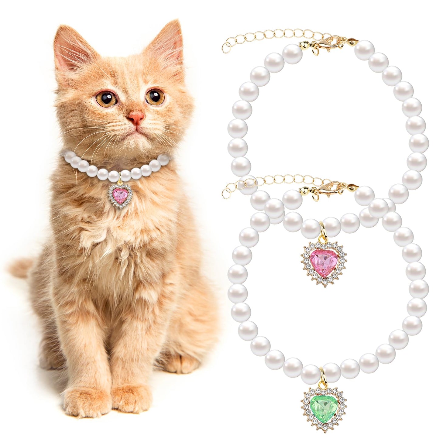 Tyqour 2pcs Pearl Dog Cat Collar with Small Heart Shape Rhinestone, Cat Collars for Girl Cats, Adjustable Dog Pearl Necklace Collar for Small Dogs and Cats, Pink + Green