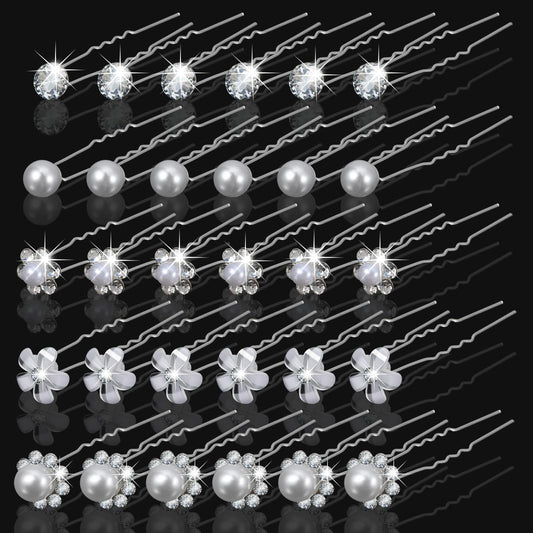 Xindojuz 30 PCS Bridal Hair Pins, 5 Styles Wedding Pearl Hairpins Crystal Flower Rhinestone Clips Hair Jewelry for Brides Bridesmaid Women Prom Party Wedding Hairs Accessories (Silver)